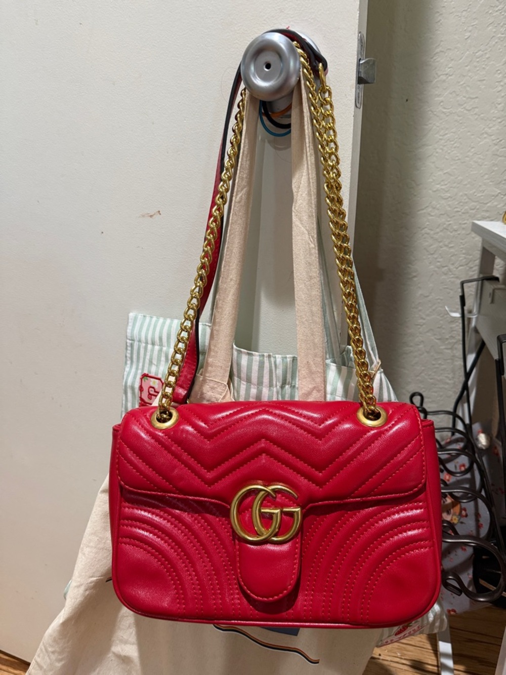 Gucci Red Quilted Shoulder Bag with Gold Double-G